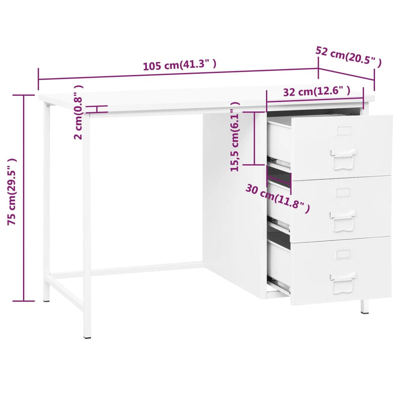 Industrial Desk with Drawers White 105x52x75 cm Steel