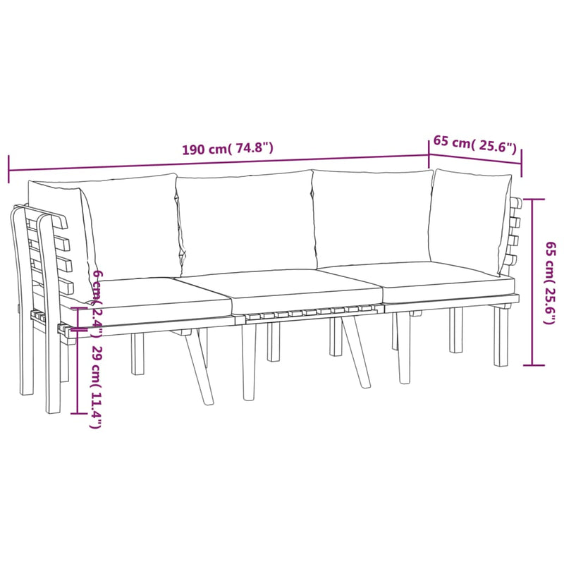 3 Piece Garden Lounge Set with Cushions Solid Wood Acacia