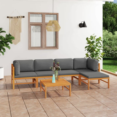 6 Piece Garden Lounge Set with Grey Cushions Solid Teak Wood