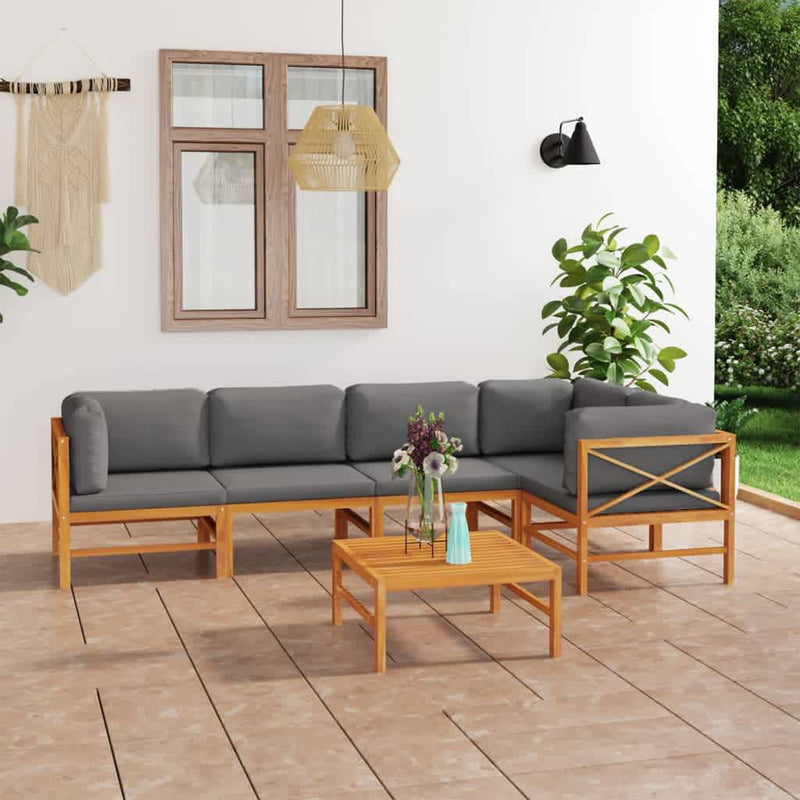 6 Piece Garden Lounge Set with Grey Cushions Solid Teak Wood