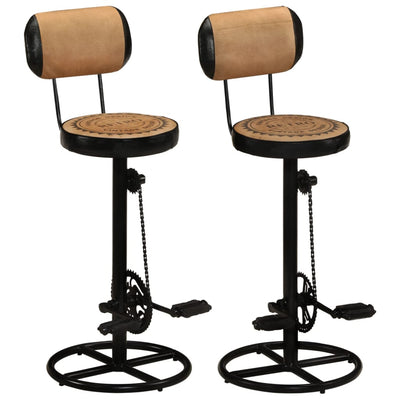 Bar Stools with Canvas Print 2 pcs Brown and Black Real Goat Leather