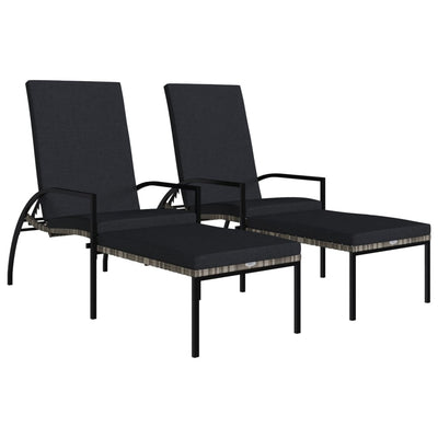 Sun Loungers 2 pcs with Footrest PE Rattan Grey