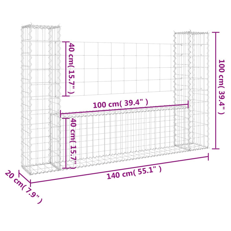 U-shape Gabion Basket with 2 Posts Iron 140x20x100 cm