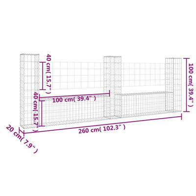 U-shape Gabion Basket with 3 Posts Iron 260x20x100 cm