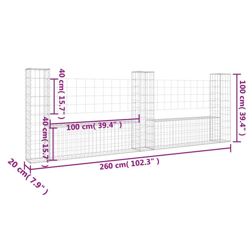 U-shape Gabion Basket with 3 Posts Iron 260x20x100 cm