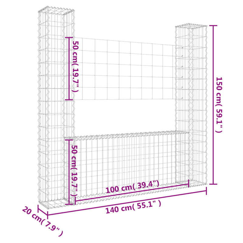 U-shape Gabion Basket with 2 Posts Iron 140x20x150 cm