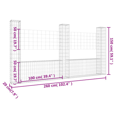 U-shape Gabion Basket with 3 Posts Iron 260x20x150 cm