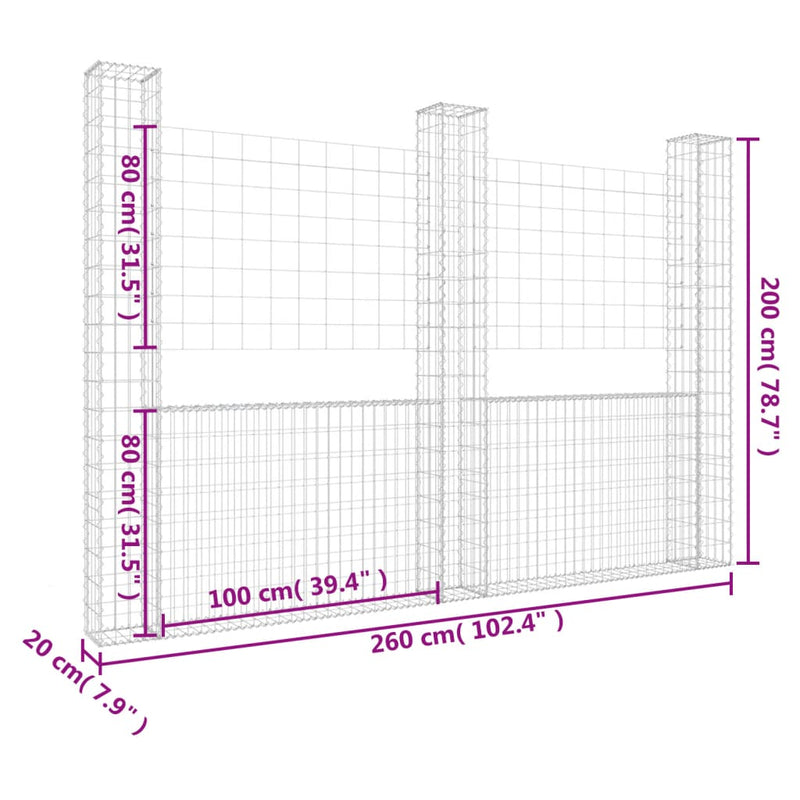 U-shape Gabion Basket with 3 Posts Iron 260x20x200 cm