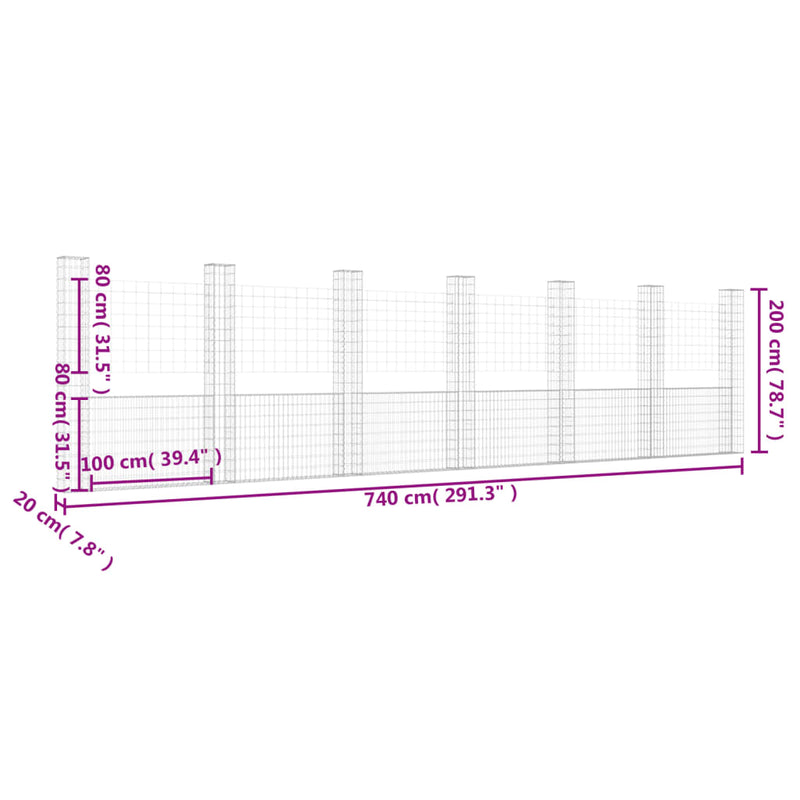 U-shape Gabion Basket with 7 Posts Iron 740x20x200 cm