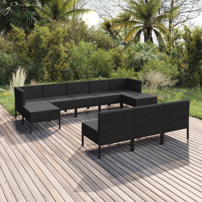 10 Piece Garden Lounge Set with Cushions Poly Rattan Black