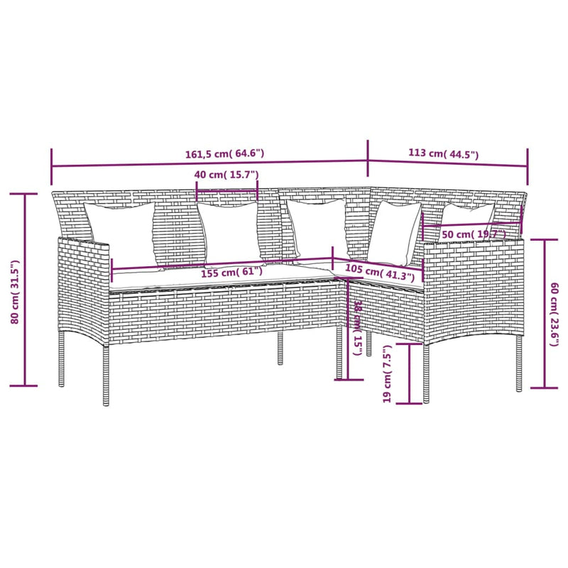 L-shaped Couch Sofa with Cushions Poly Rattan Grey