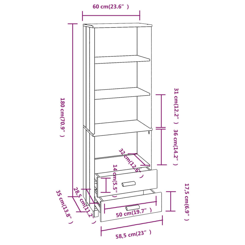 Highboard "HAMAR" White 60x35x180 cm Solid Wood Pine