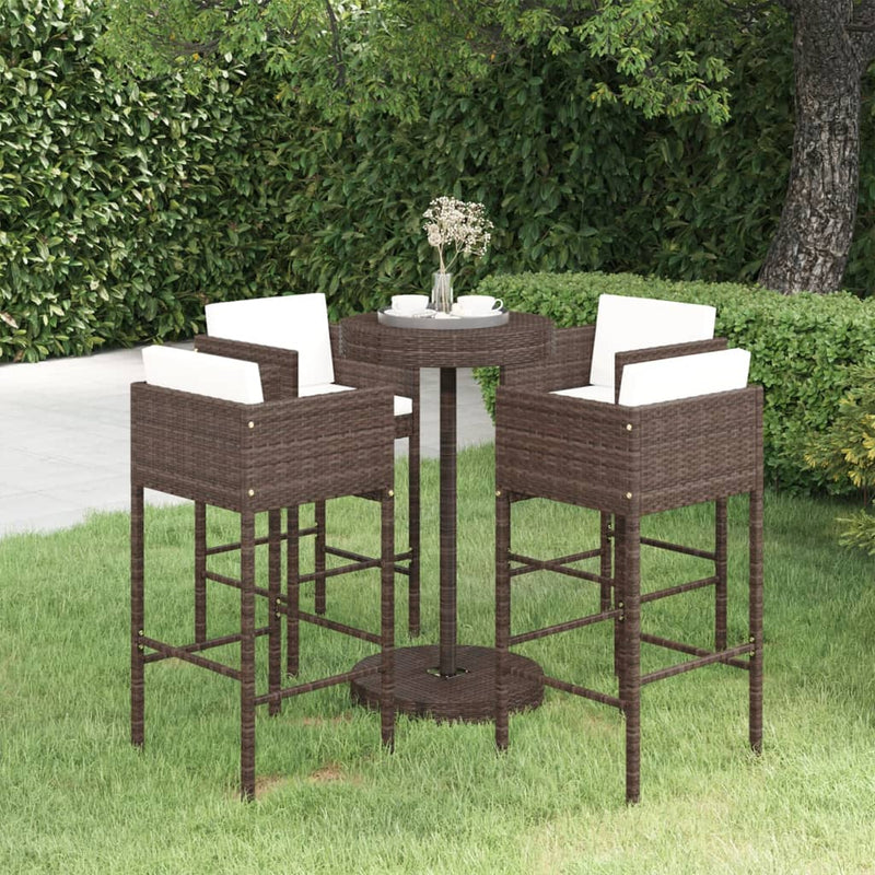 5 Piece Garden Bar Set with Cushions Poly Rattan Brown