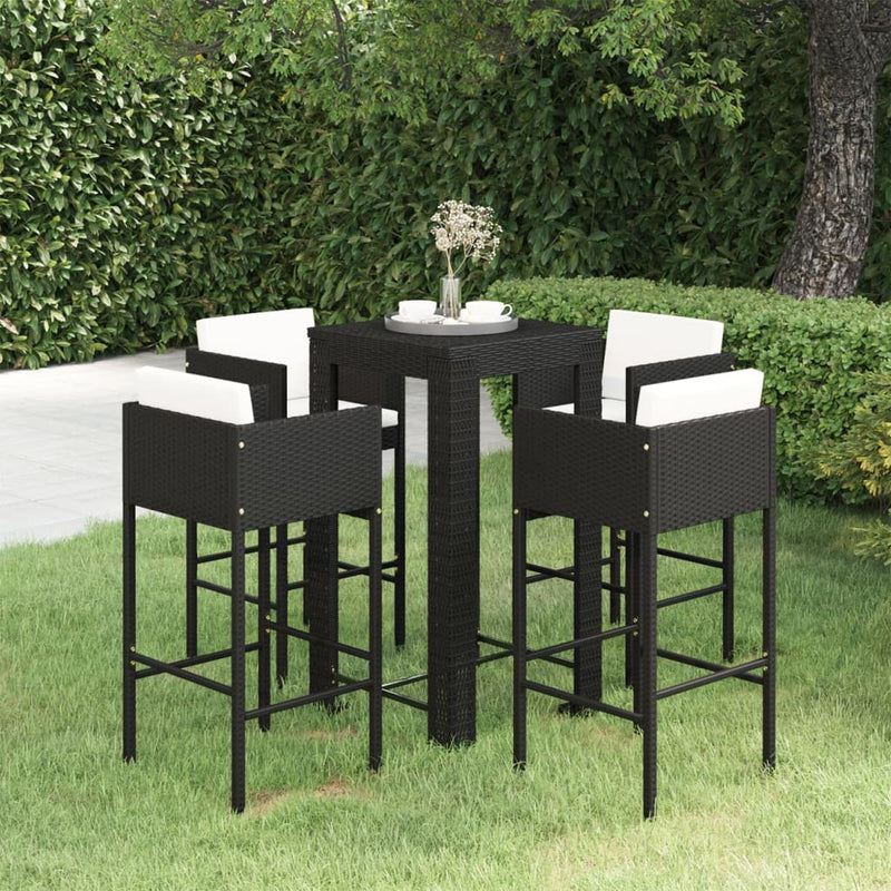 5 Piece Garden Bar Set with Cushions Poly Rattan Black