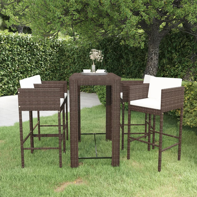 5 Piece Garden Bar Set with Cushions Poly Rattan Brown