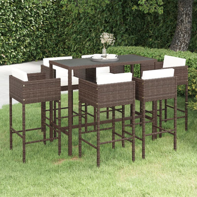 7 Piece Garden Bar Set with Cushions Poly Rattan Brown