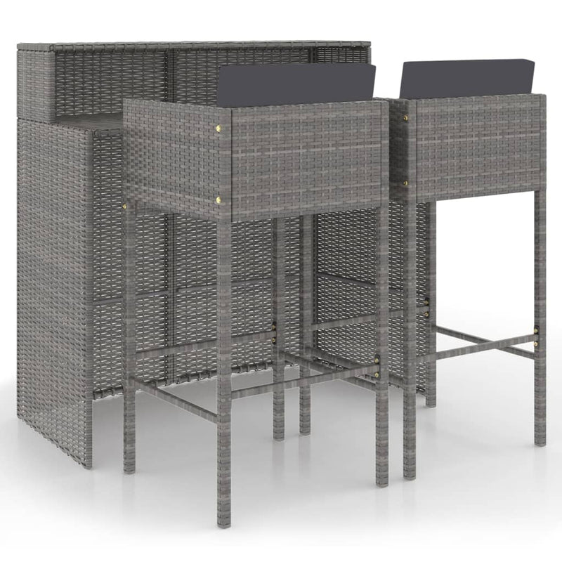 3 Piece Garden Bar Set with Cushions Poly Rattan Grey