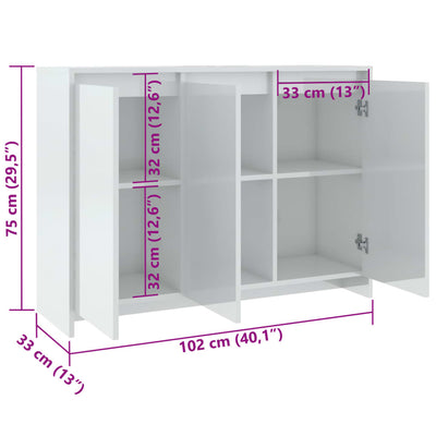 Sideboard High Gloss White 102x33x75 cm Engineered Wood