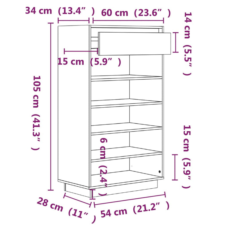 Shoe Cabinet White 60x34x105 cm Solid Wood Pine