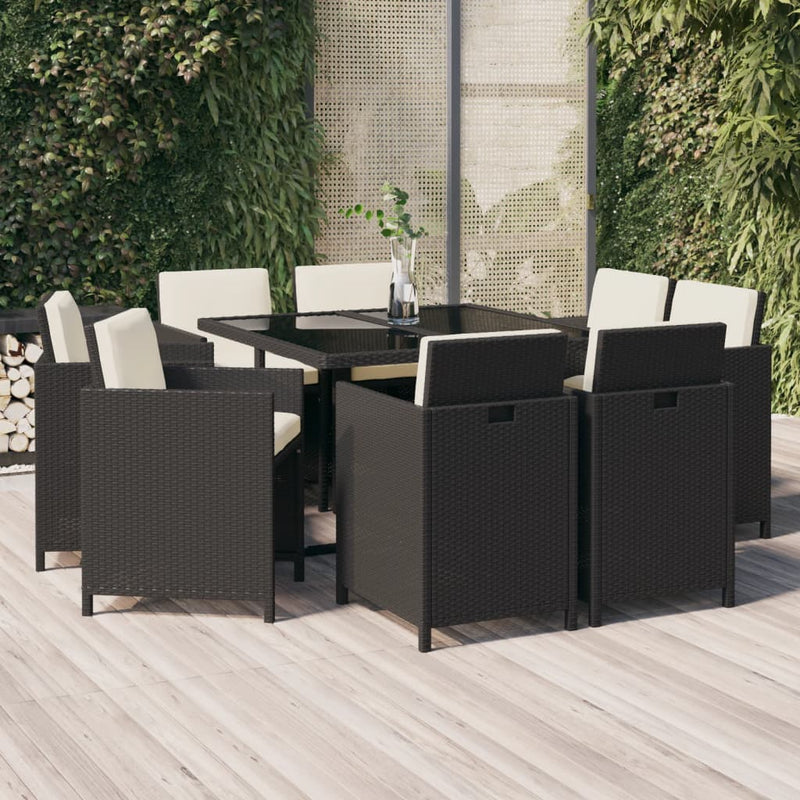 9 Piece Garden Dining Set with Cushions Poly Rattan Black