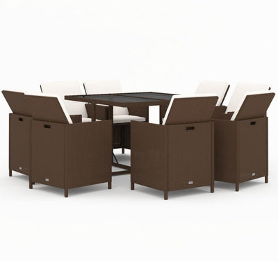 9 Piece Garden Dining Set with Cushions Poly Rattan Brown