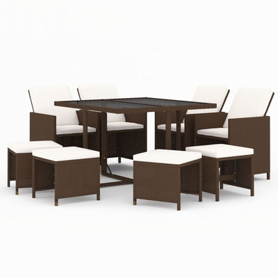 9 Piece Garden Dining Set with Cushions Poly Rattan Brown