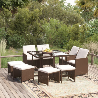 9 Piece Garden Dining Set with Cushions Poly Rattan Brown