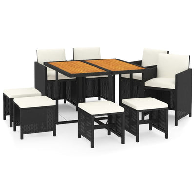 9 Piece Garden Dining Set with Cushions Poly Rattan Black