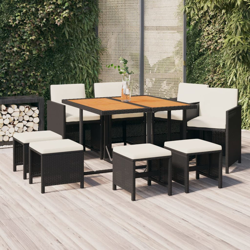 9 Piece Garden Dining Set with Cushions Poly Rattan Black