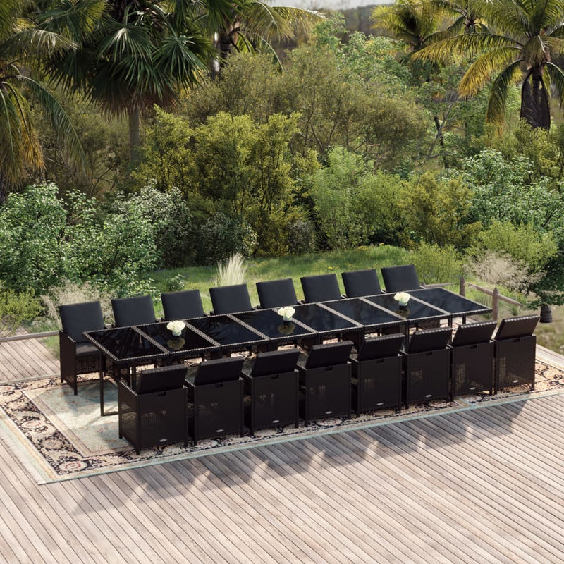 17 Piece Garden Dining Set with Cushions Black Poly Rattan