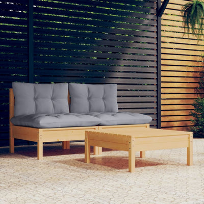 3 Piece Garden Lounge Set with Grey Cushions Pinewood