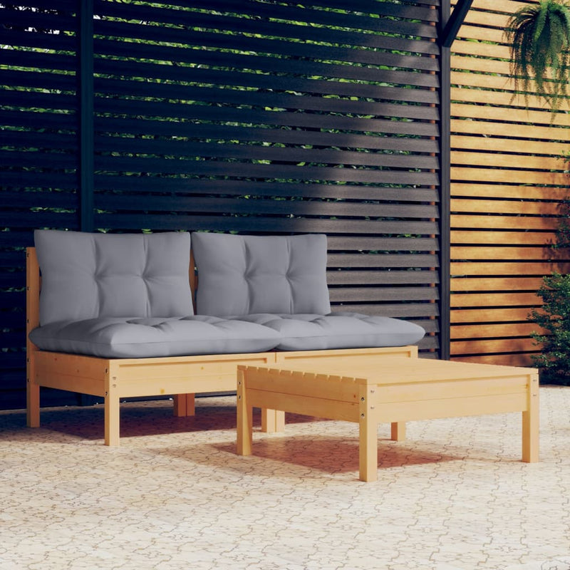 3 Piece Garden Lounge Set with Grey Cushions Pinewood