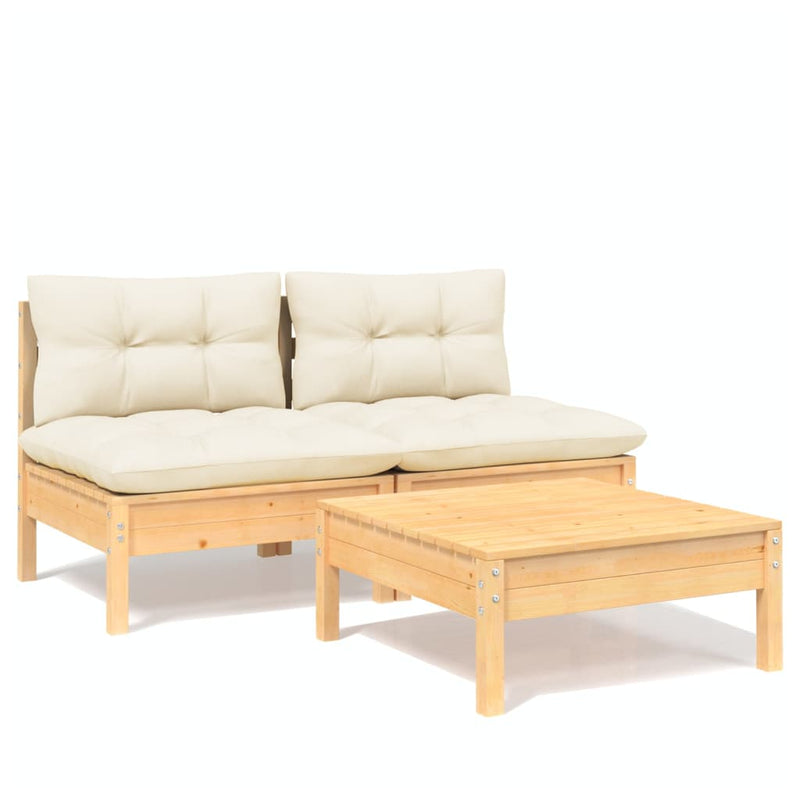 3 Piece Garden Lounge Set with Cream Cushions Pinewood