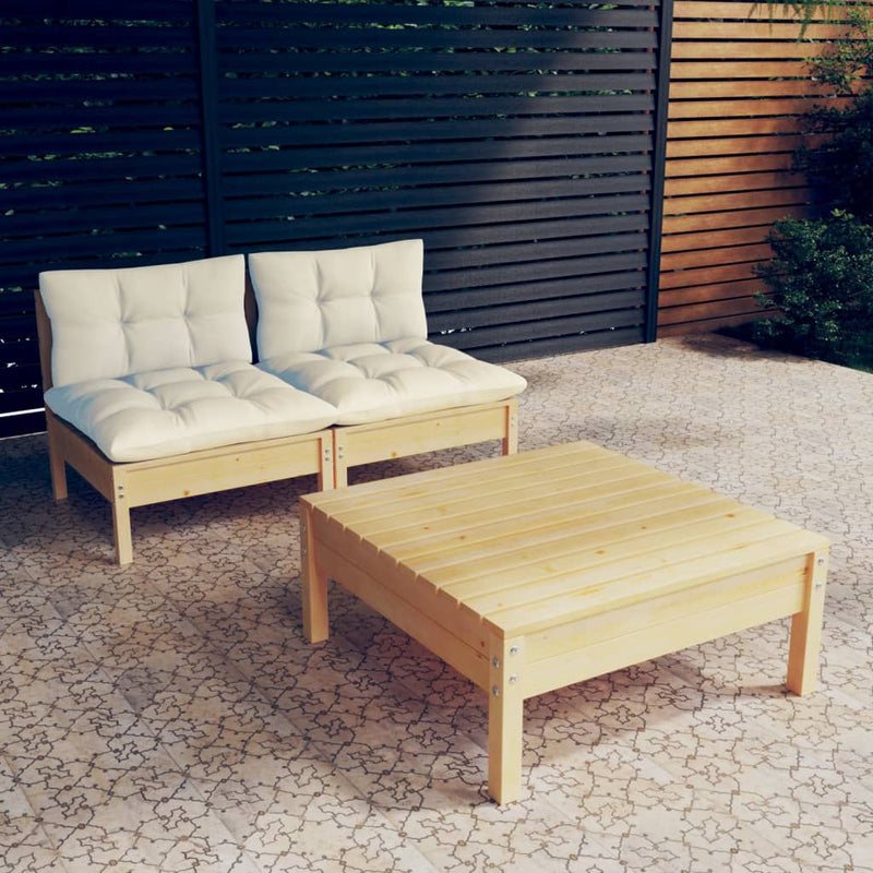 3 Piece Garden Lounge Set with Cream Cushions Pinewood