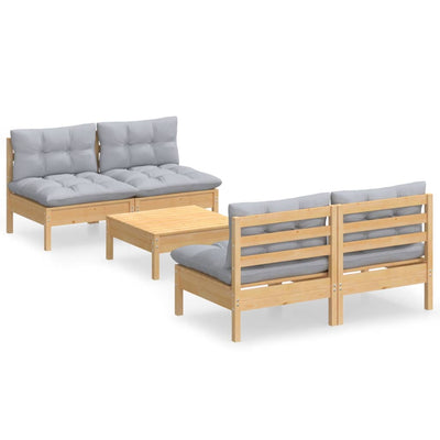 5 Piece Garden Lounge Set with Grey Cushions Pinewood