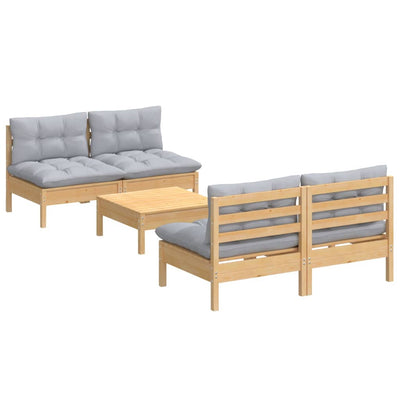 5 Piece Garden Lounge Set with Grey Cushions Pinewood