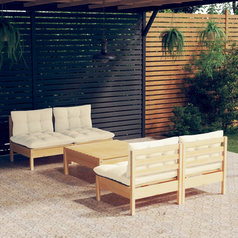 5 Piece Garden Lounge Set with Cream Cushions Pinewood