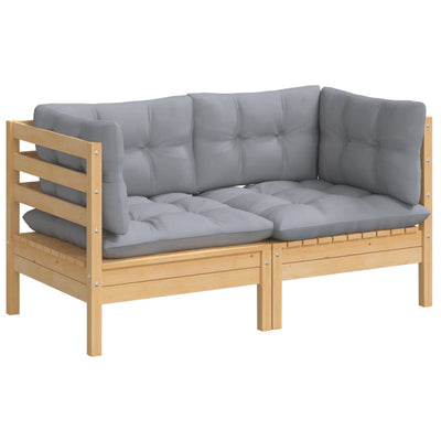 2-Seater Garden Sofa with Grey Cushions Solid Wood Pine