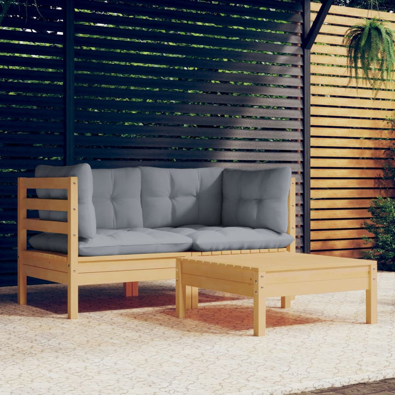 3 Piece Garden Lounge Set with Grey Cushions Pinewood