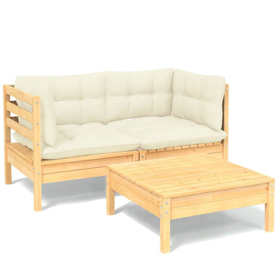 3 Piece Garden Lounge Set with Cream Cushions Pinewood