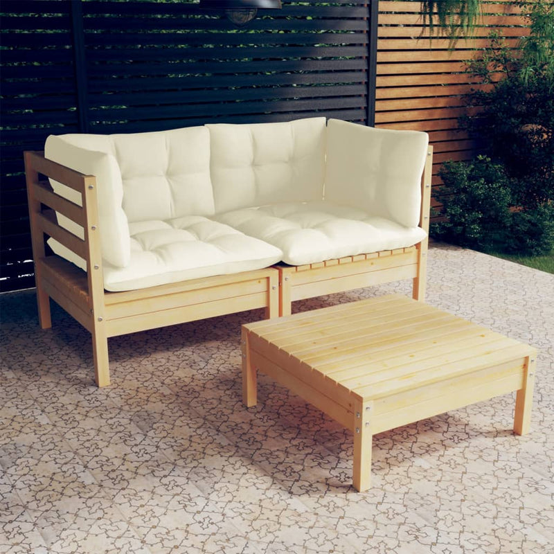 3 Piece Garden Lounge Set with Cream Cushions Pinewood