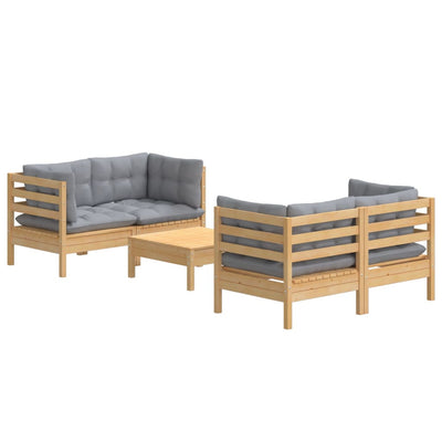 5 Piece Garden Lounge Set with Grey Cushions Pinewood