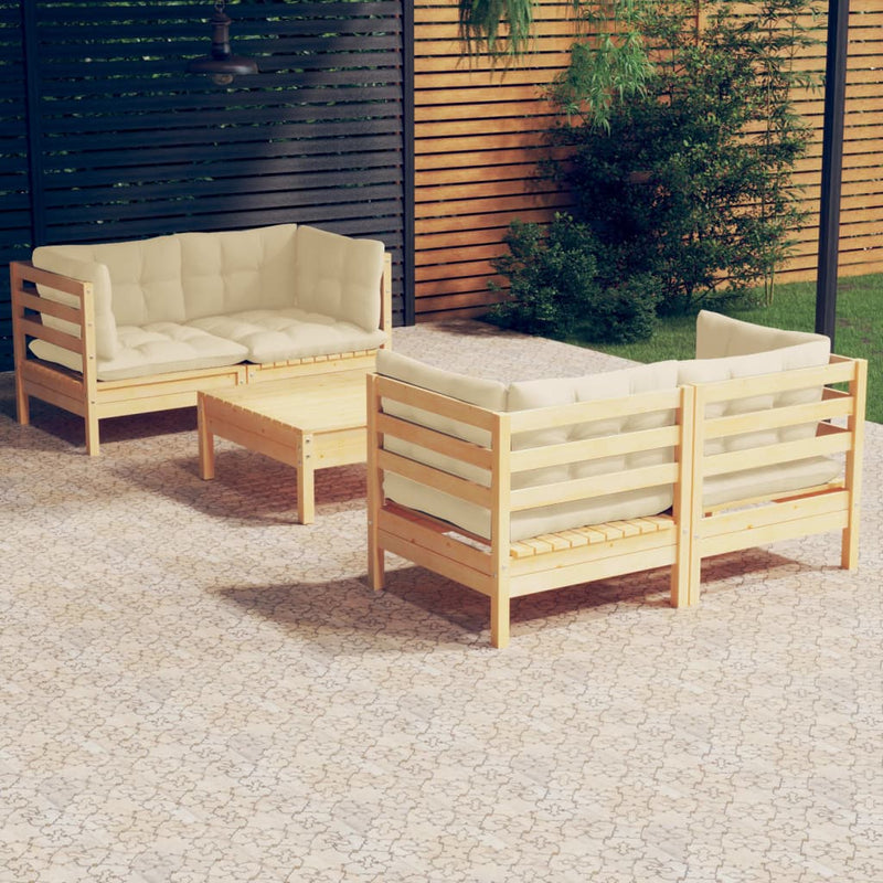 5 Piece Garden Lounge Set with Cream Cushions Pinewood