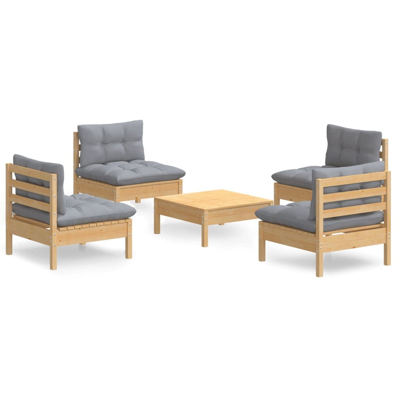 5 Piece Garden Lounge Set with Grey Cushions Pinewood