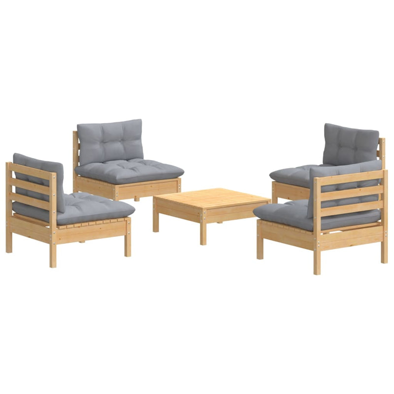 5 Piece Garden Lounge Set with Grey Cushions Pinewood