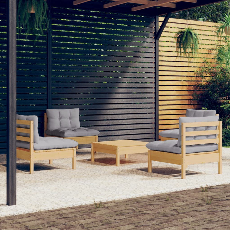 5 Piece Garden Lounge Set with Grey Cushions Pinewood