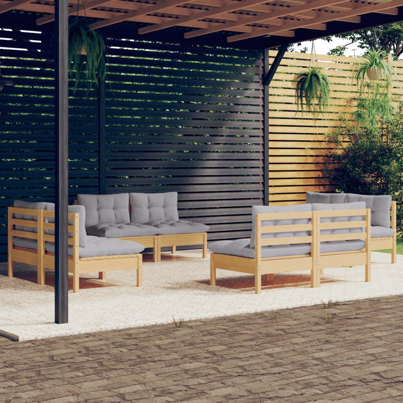 8 Piece Garden Lounge Set with Grey Cushions Pinewood