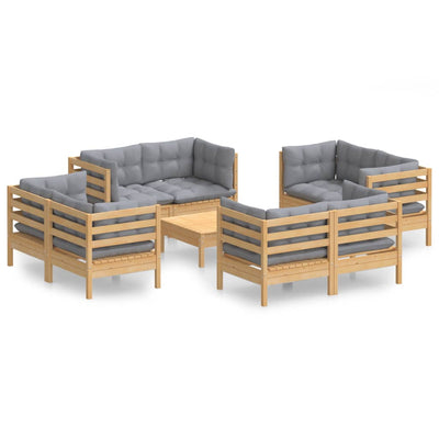 9 Piece Garden Lounge Set with Grey Cushions Pinewood