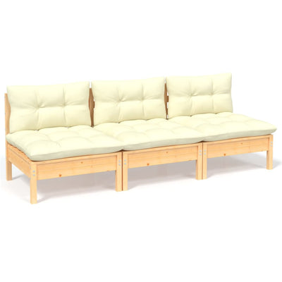 3-Seater Garden Sofa with Cream Cushions Solid Pinewood