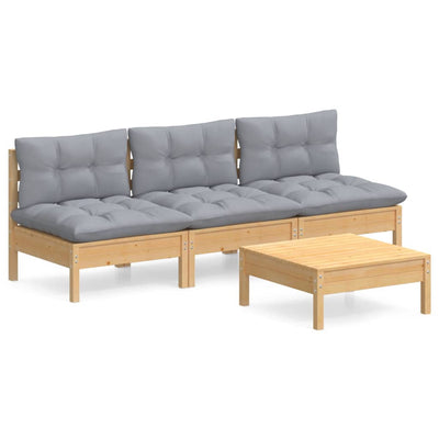 4 Piece Garden Lounge Set with Grey Cushions Pinewood